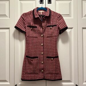Maje Renalt Tweed Pink and Black Houndstooth Shirt Dress